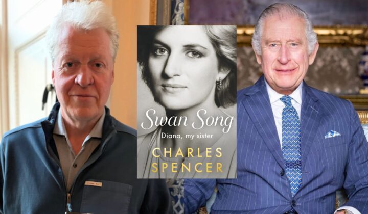 Charles Spencer, król Karol III i okładka książki o księżnej Dianie