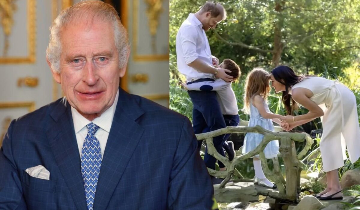 Król Karol III, Meghan Markle i książę Harry z dziećmi Lilibet i Archiem