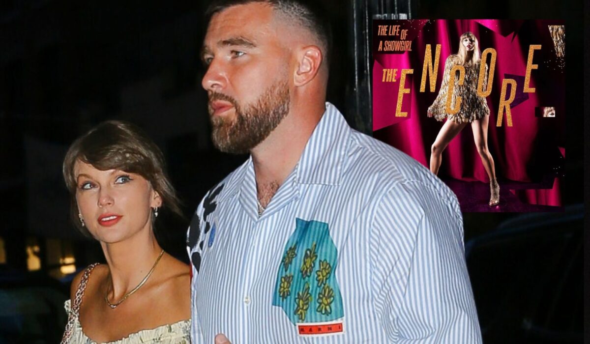 Taylor Swift i Travis Kelce, okładka "The Life of a Showgirl: The Encore"