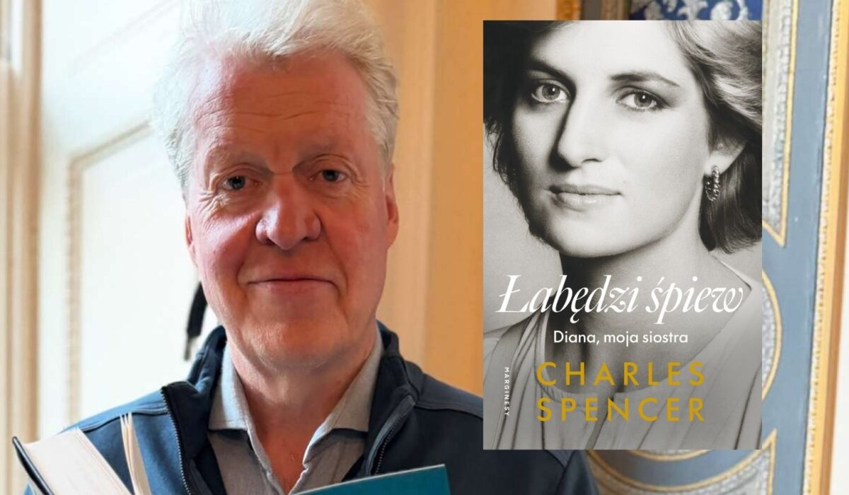 Charles Spencer i okładka książki "Łabędzi śpiew" o księżnej Dianie