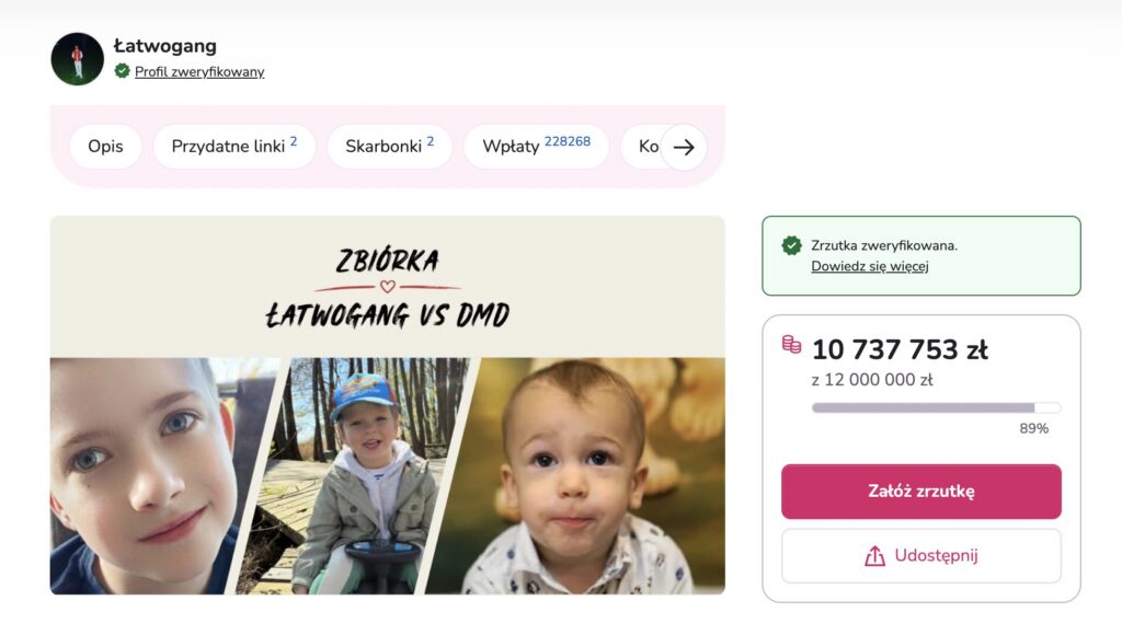 Zbiórka Łatwoganga na leczenie Maksa (screen z 28.10.2026)