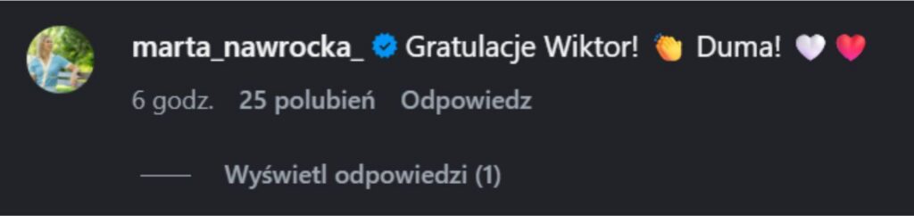Marta Nawrocka komentuje występ Wiktora Sasa